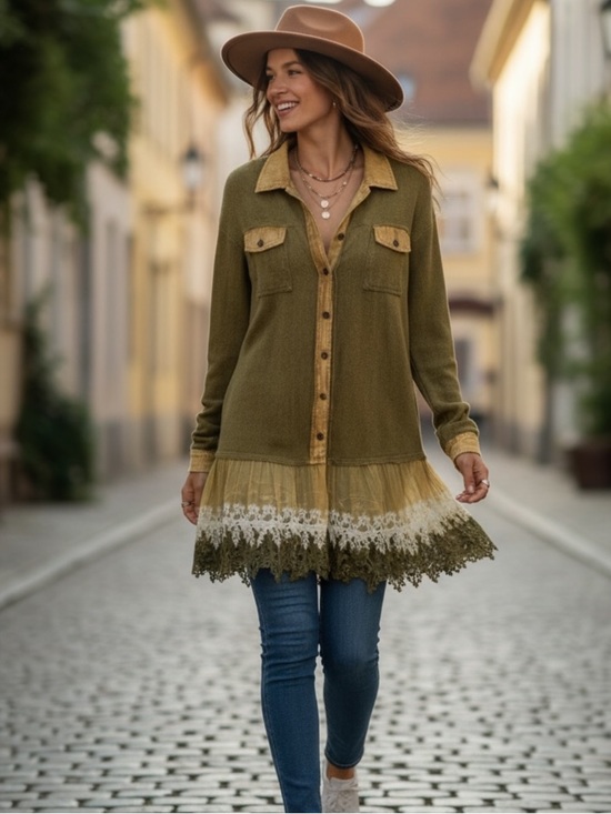 Jaded Gypsy Dresses & Skirts - Jaded Gypsy L/XL Olive Waffle Knit Duster/Dress Lace Trim Hem GORGEOUS